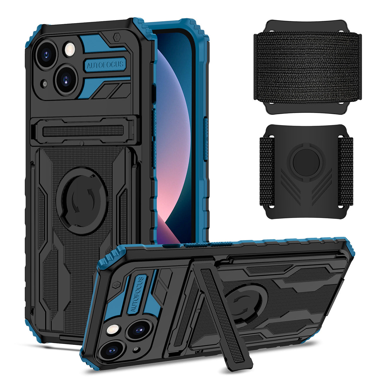 High Elastic Plastic iPhone 13 Case with Kickstand, Sports Mobile Wristband and Card Slot In Blue